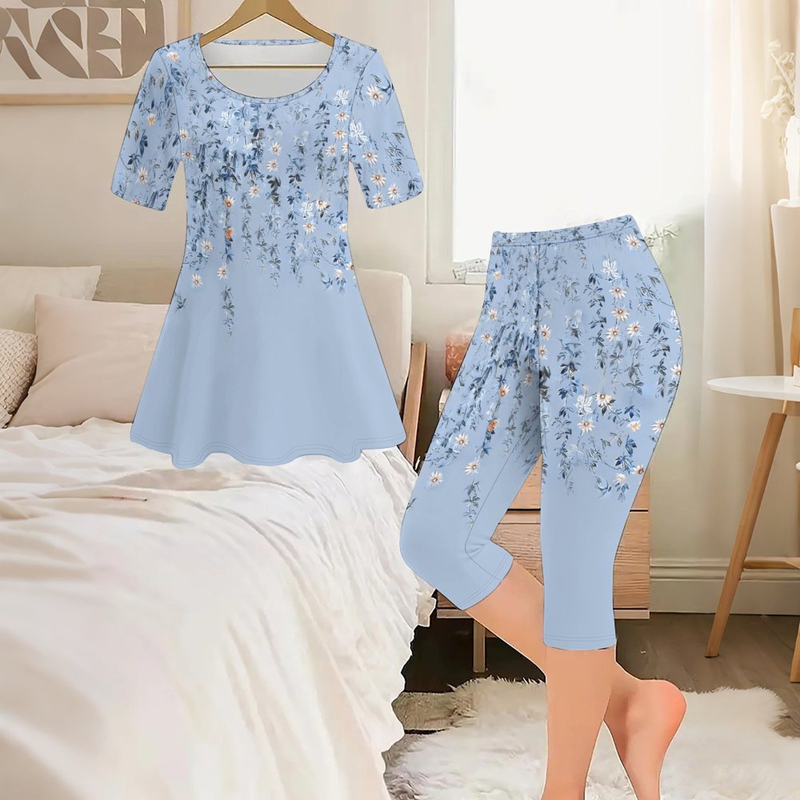 Romper Floral Print - 2pcs Set Dua Potong Motif Vintage
