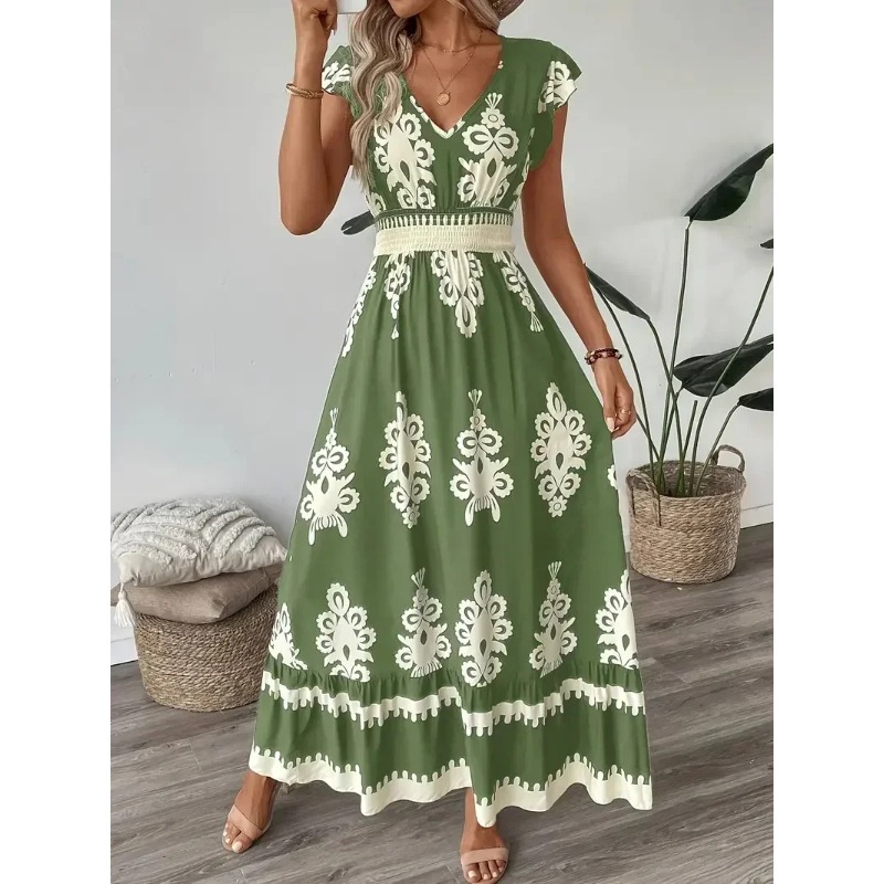 Romper Floral Print - Gaun A-Line Kerah V Gambar Cetak