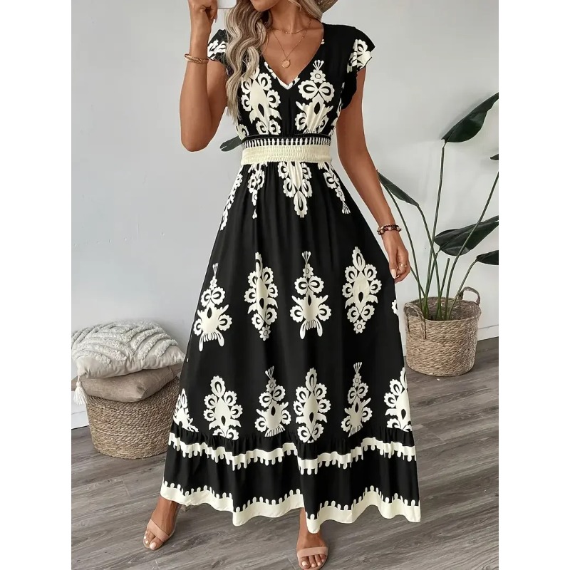 Gaun A-Line Kerah V Gambar Cet - Romper Floral Print ulasan dan harga