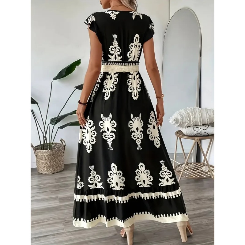Gaun A-Line Kerah V Gambar Cet - Romper Floral Print ulasan dan harga