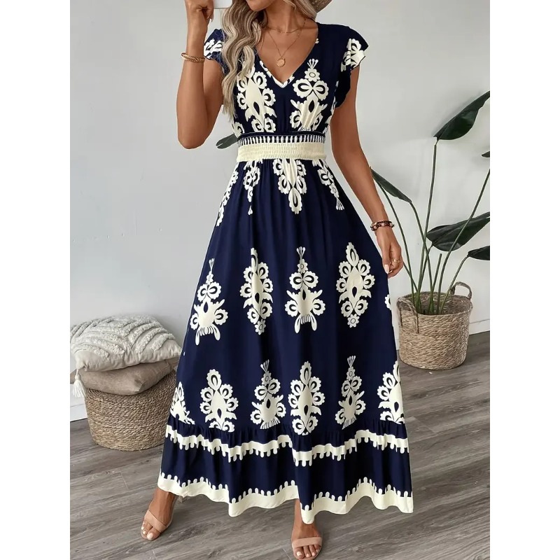 Gaun A-Line Kerah V Gambar Cet - Romper Floral Print ulasan dan harga